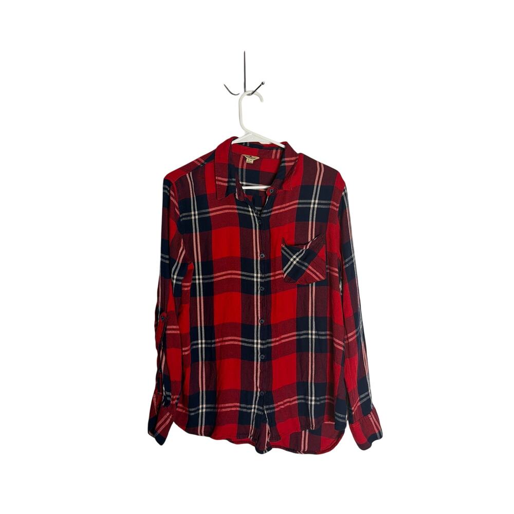 Woolrich Womens Plaid Button Down Shirt Size XL Red Navy Rayon Roll Tab Sleeves